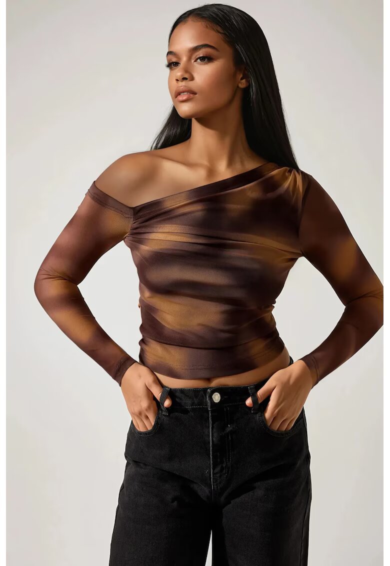 HiCCUP Bluza dama decolteu asimetric - poliester/elastan - maro
