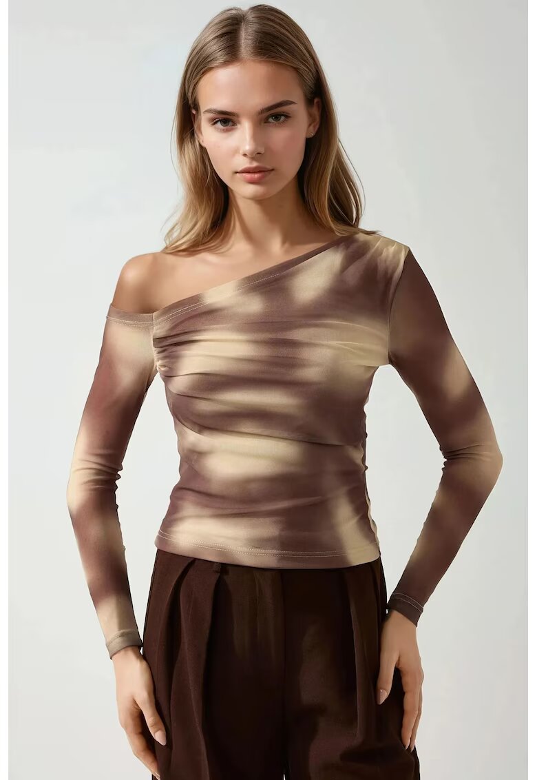 HiCCUP Bluza dama - decolteu asimetric - poliester/elastan - maro/bej