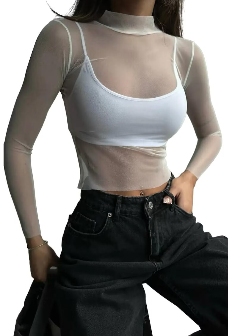 HiCCUP Bluza dama - din plasa cu guler inalt - alb - material delicat