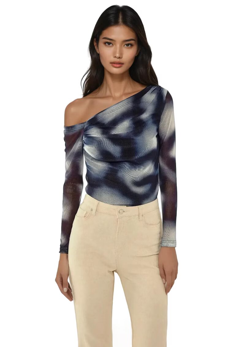 HiCCUP Bluza dama - din tul cu guler asimetric - imprimeu animal print - albastru - poliester