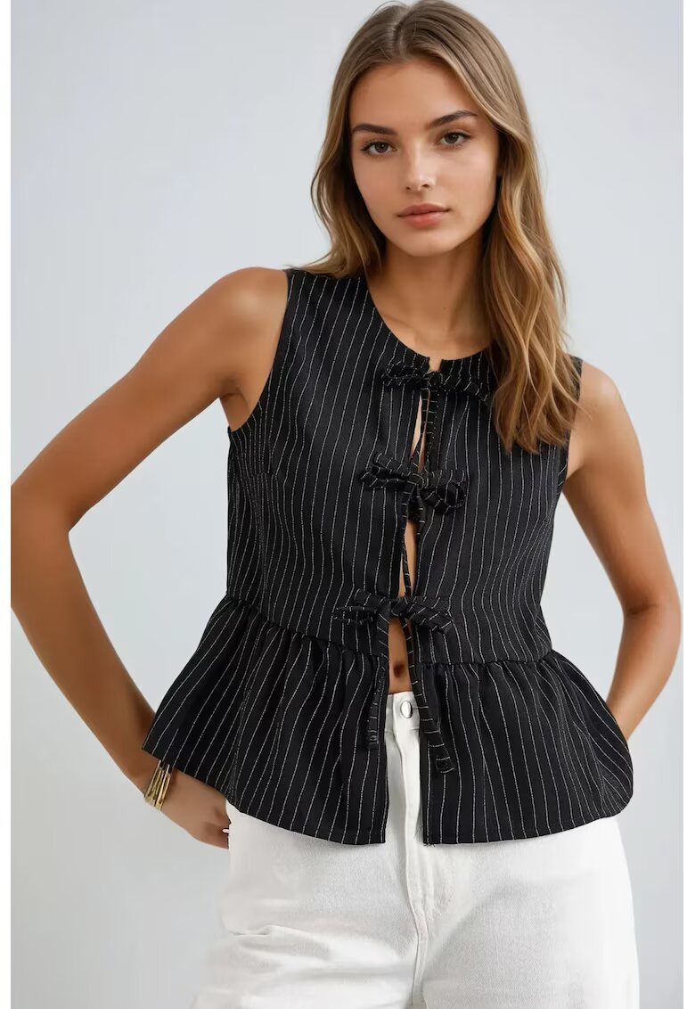 HiCCUP Bluza dama - fara maneci - guler rotund - dungi - negru - poliester