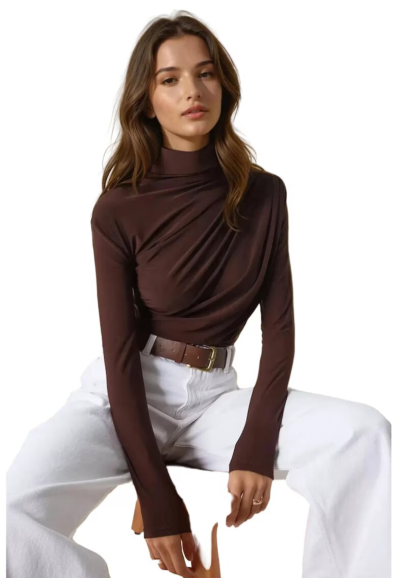 HiCCUP Bluza dama - guler inalt - detaliu drapat - maro - poliester