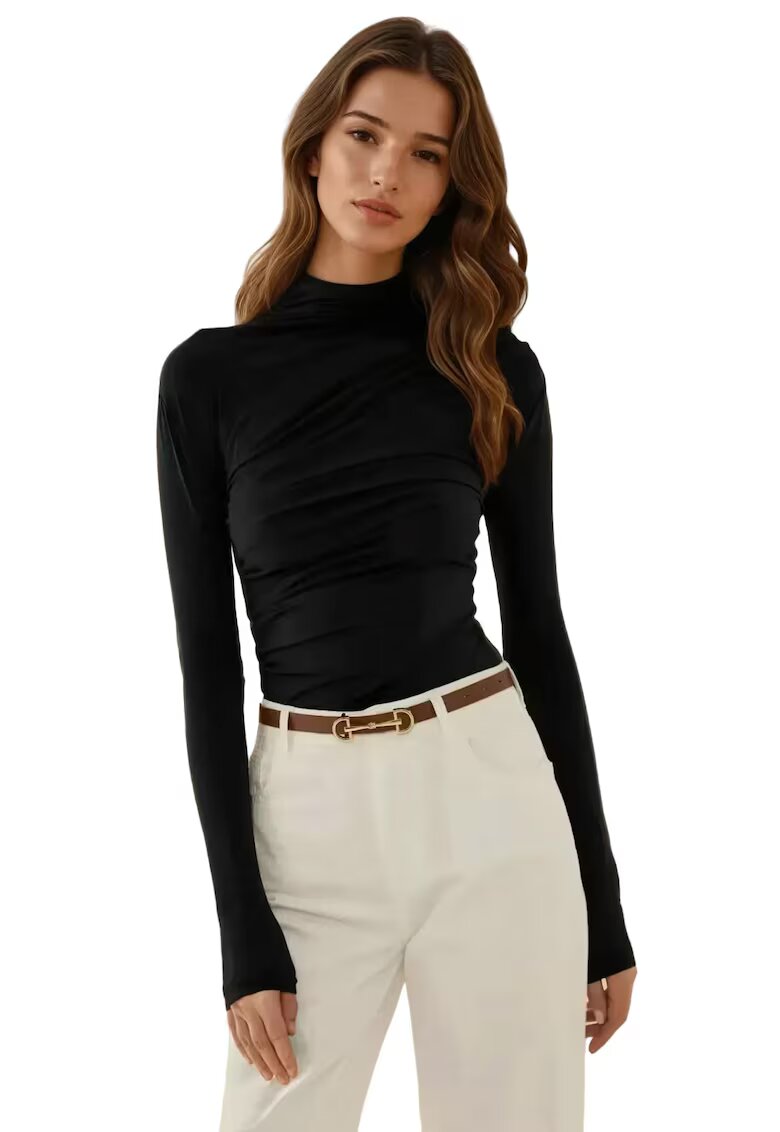 HiCCUP Bluza dama - guler inalt - detaliu drapat - negru - poliester