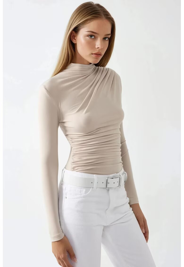 HiCCUP Bluza dama - guler inalt - poliester/elastan - bej