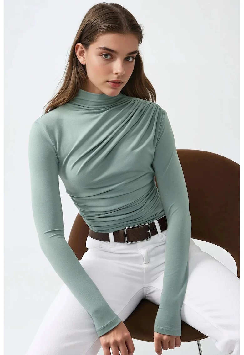 HiCCUP Bluza dama - guler inalt - poliester/elastan - verde prafuit
