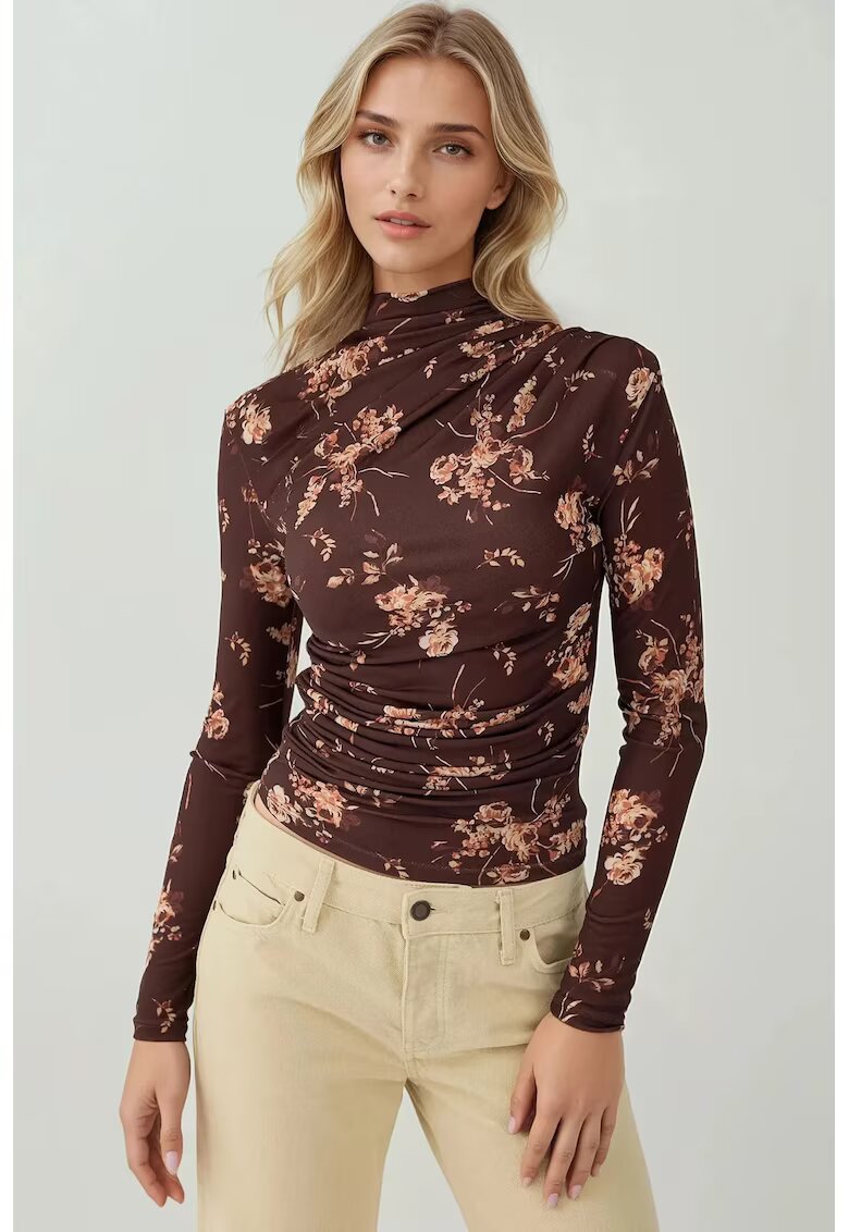 HiCCUP Bluza dama - imprimeu floral - maneca lunga - jerseu - maro