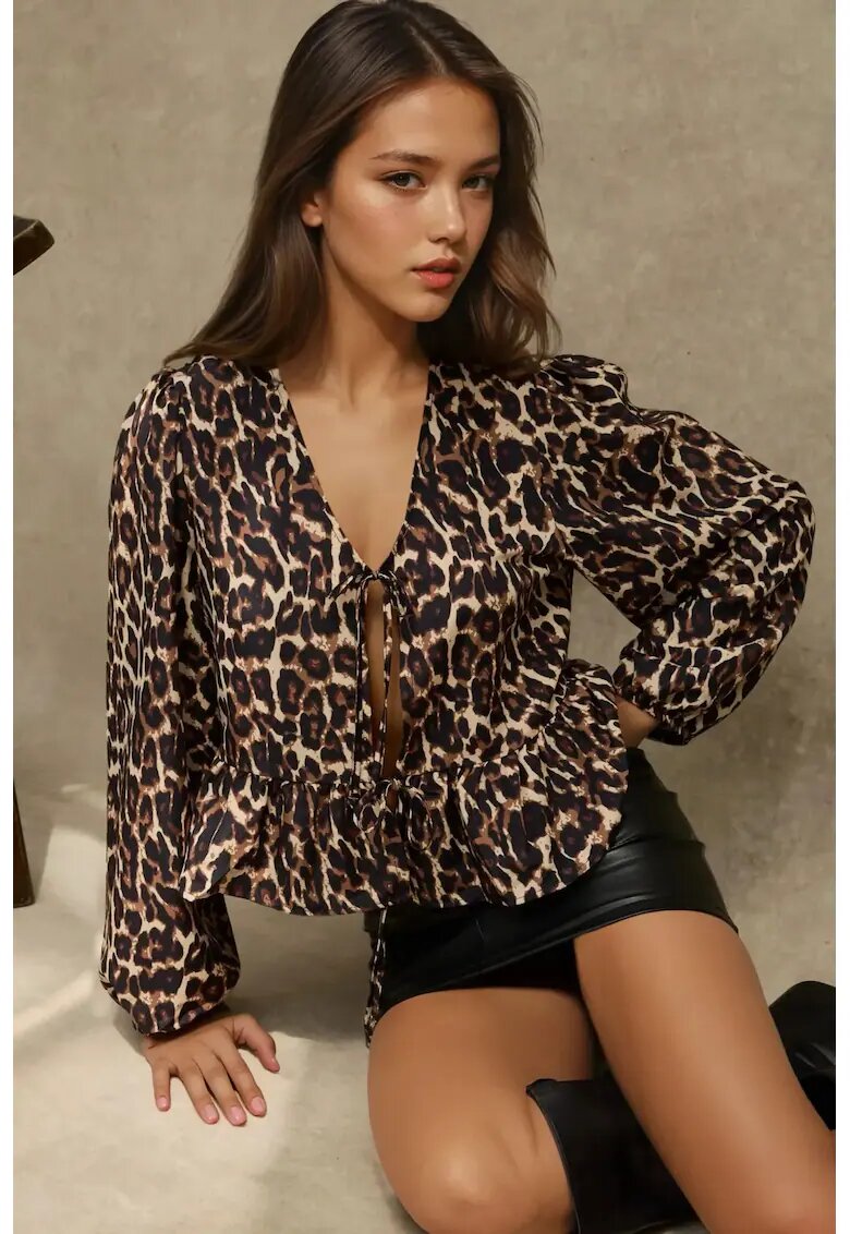 HiCCUP Bluza dama - imprimeu leopard - decolteu in V - multicolor - poliester