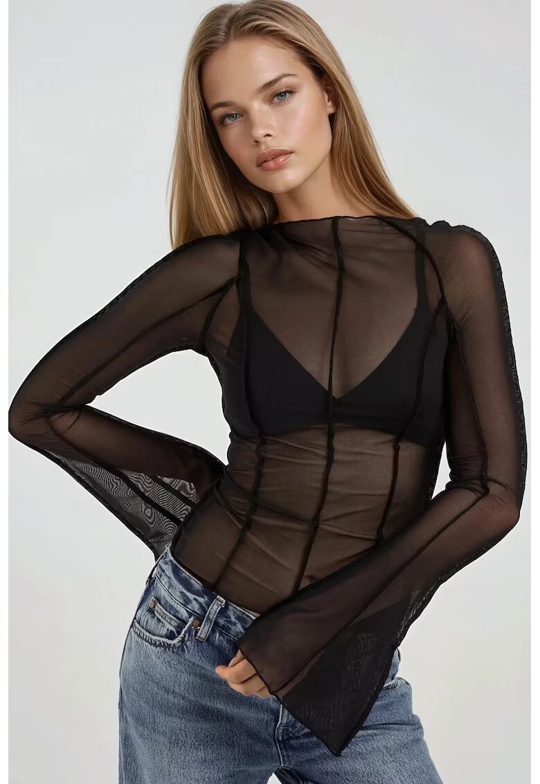 HiCCUP Bluza dama - maneca lunga - jerseu - negru transparent