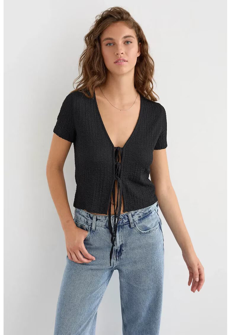 HiCCUP Bluza dama - maneca scurta - detalii de legat - negru - poliester si elastan