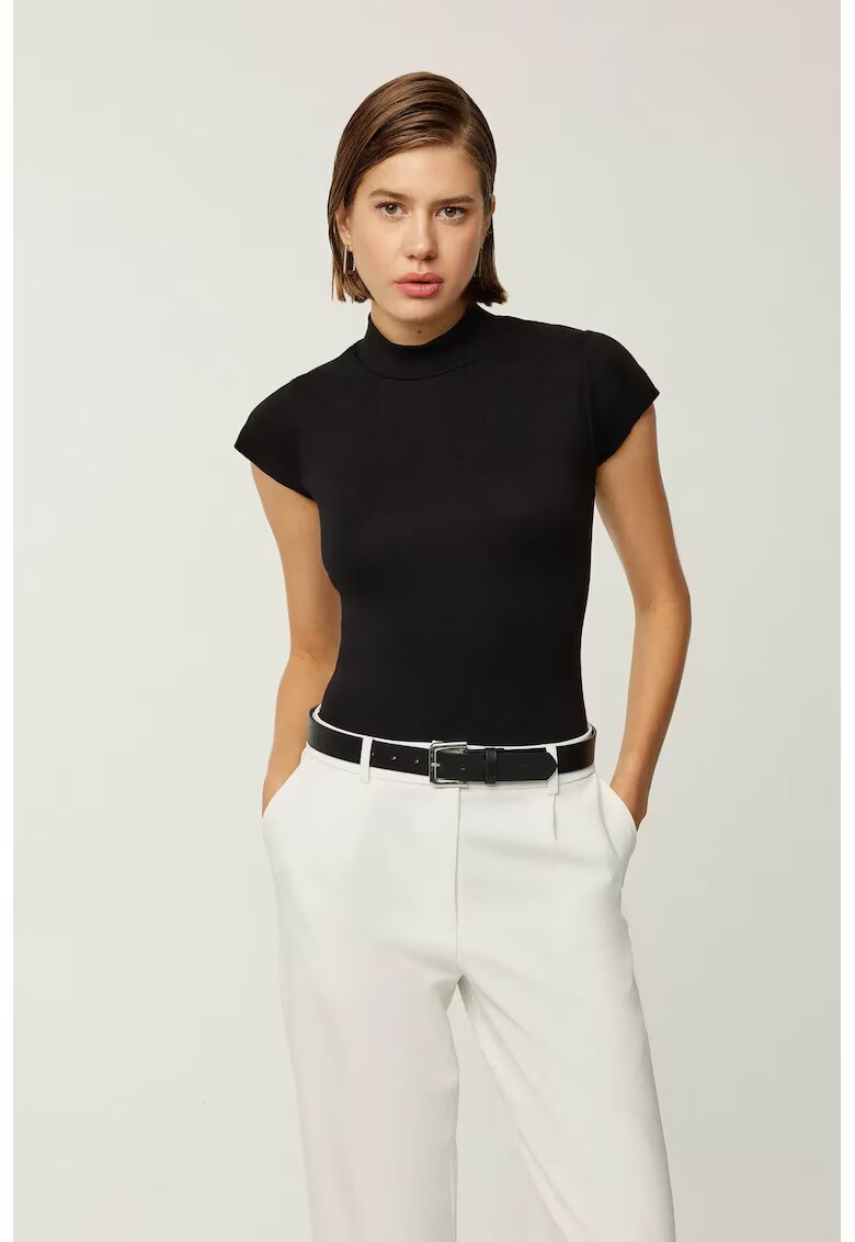 HiCCUP Bluza dama - maneca scurta - guler inalt - negru - tricot