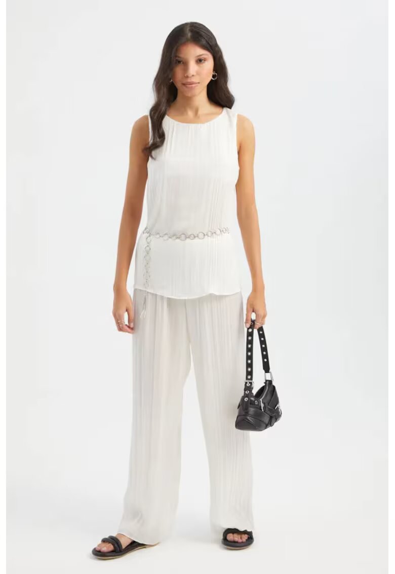HiCCUP Bluza dama - plisata - decolteu rotund - curea - alb - textil