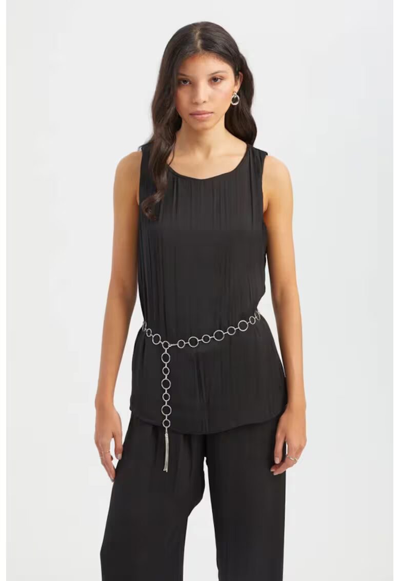 HiCCUP Bluza dama - plisata - decolteu rotund - curea - negru - textil