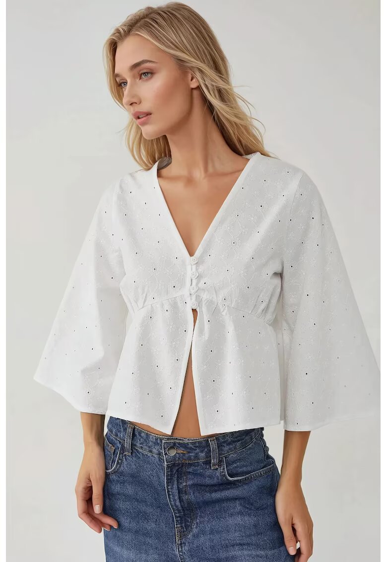 HiCCUP Bluza dama - scurta texturata - decolteu in V - alb - textil