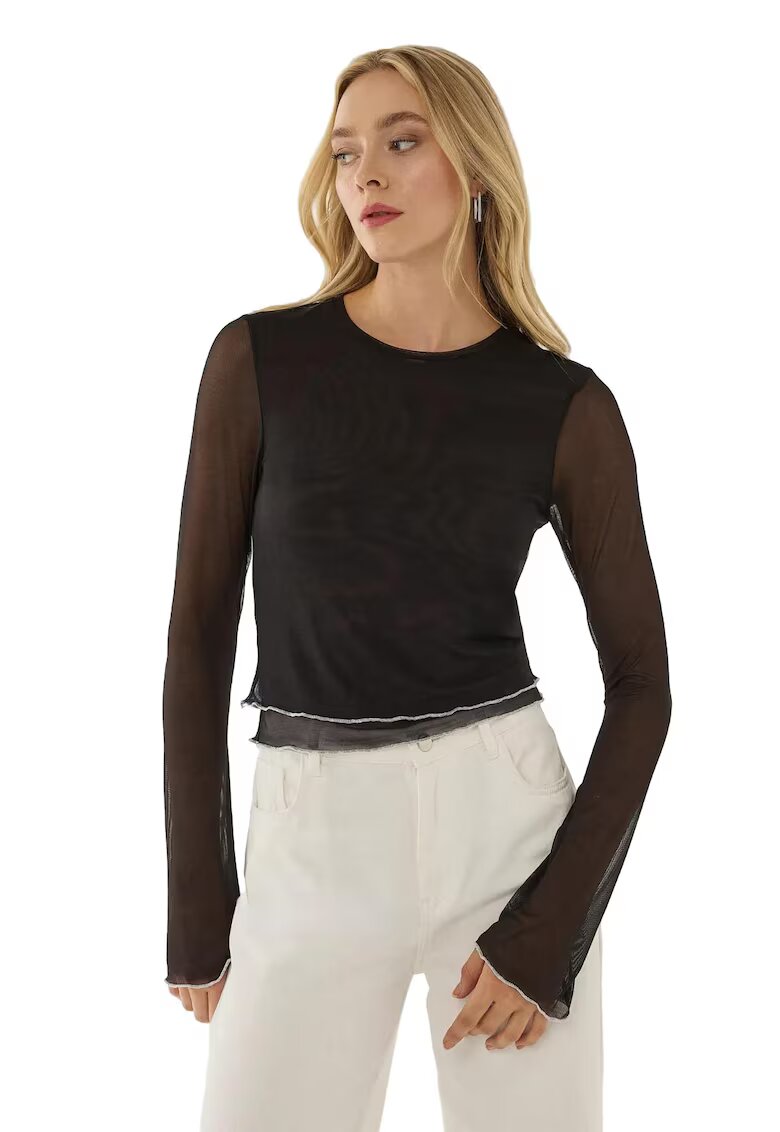 HiCCUP Bluza dama - semitransparenta - guler rotund - negru - poliester