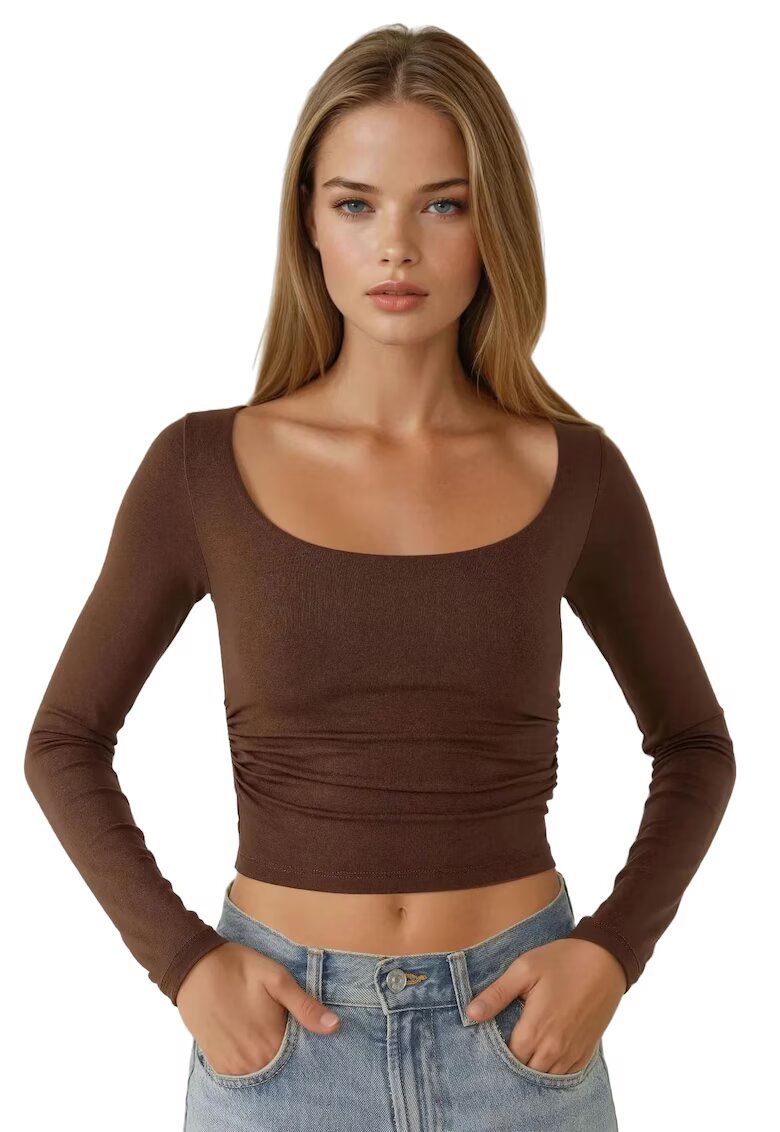HiCCUP Bluza dama - slim fit - guler rotund - scurta - maro - viscoza
