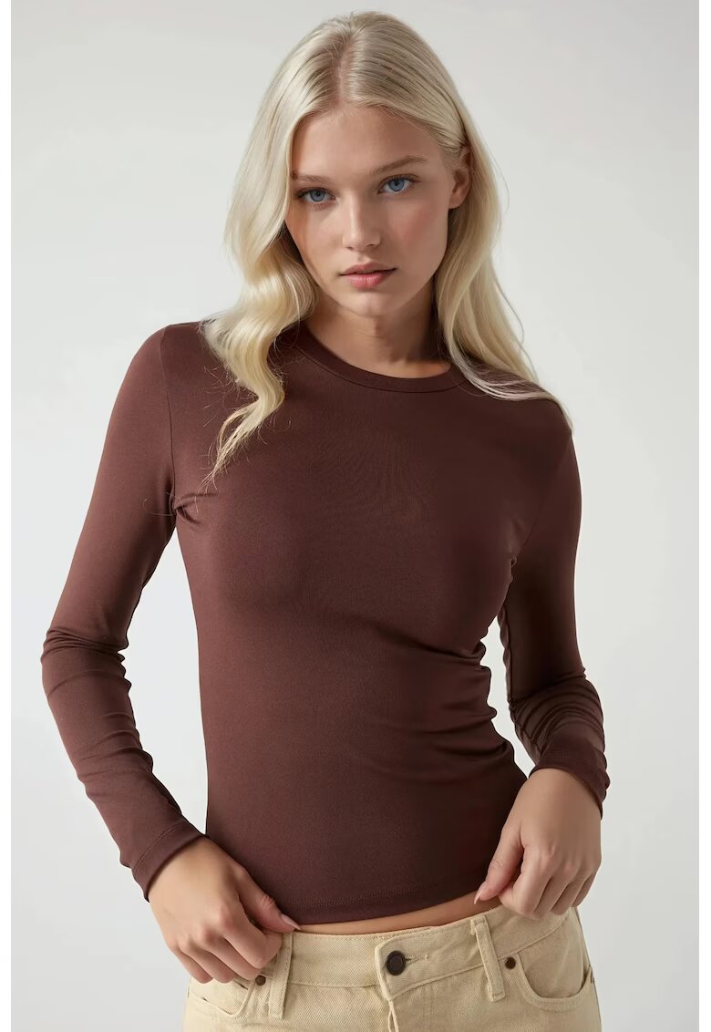 HiCCUP Bluza dama - slim fit - maneca lunga - guler rotund - maro - jerseu
