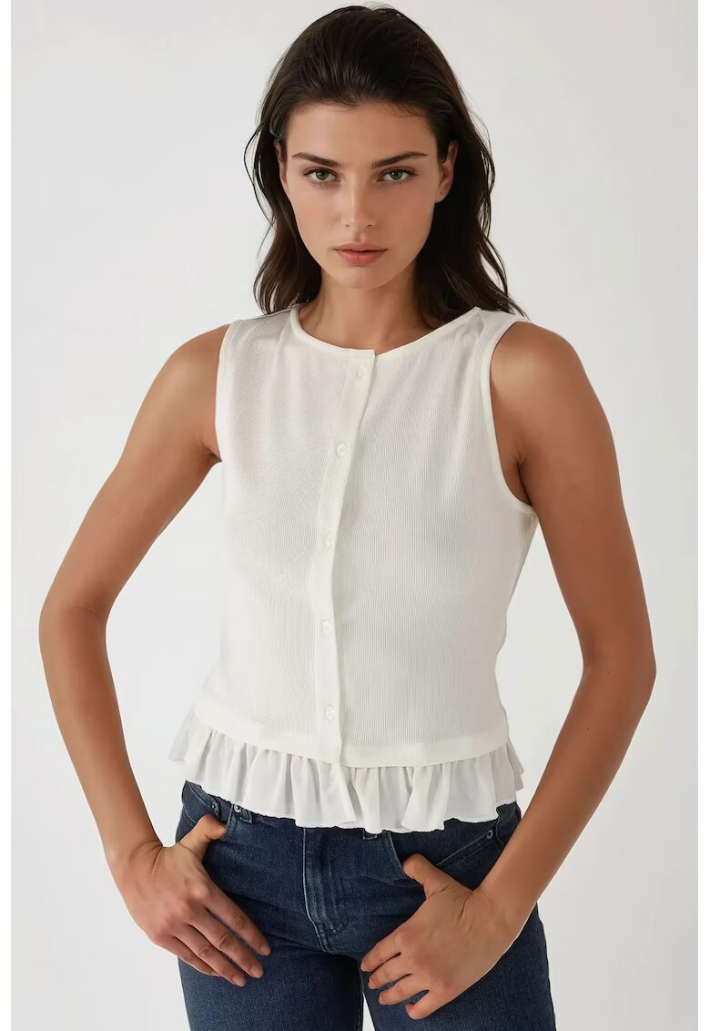 HiCCUP Bluza dama - texturata - cu guler rotund si volane - Alb - Jerseu