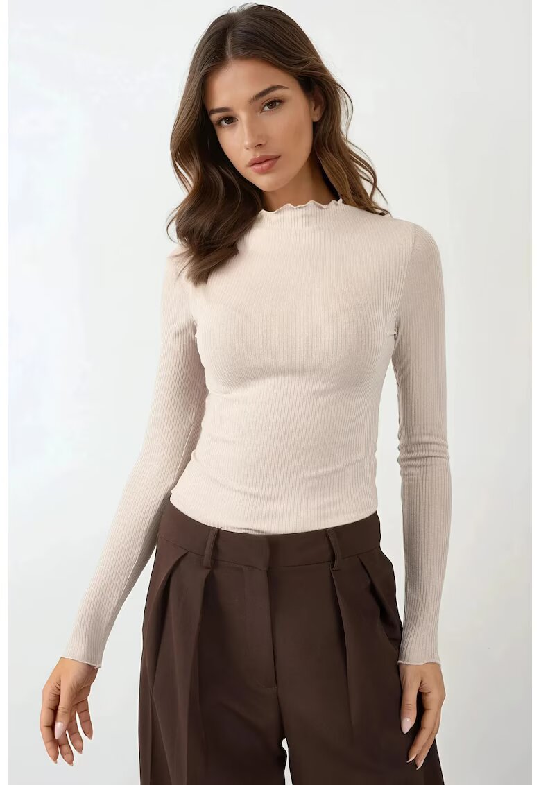 HiCCUP Bluza dama - texturata - guler rotund - maneca lunga - bej - jerseu