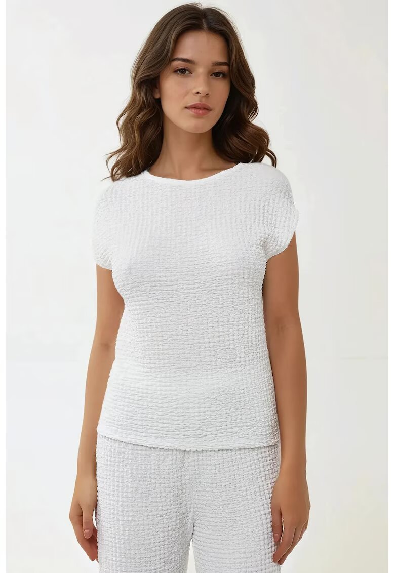 HiCCUP Bluza dama - texturata - guler rotund - maneca scurta - alb - jerseu