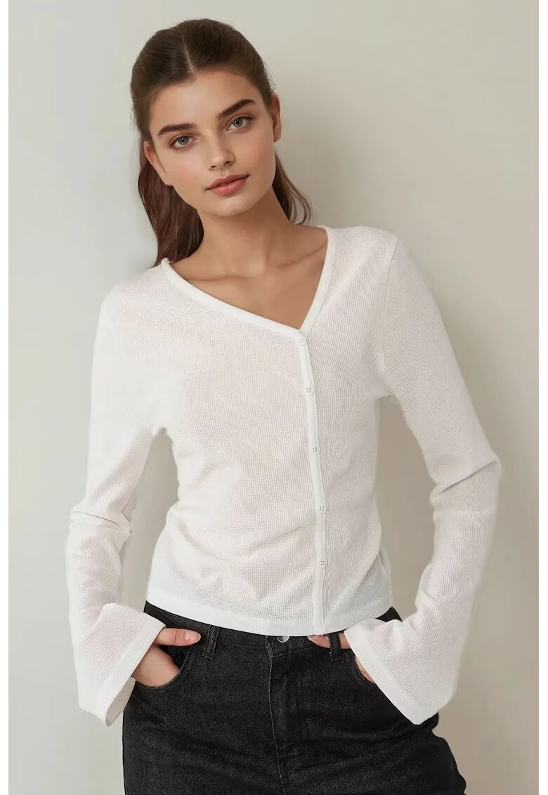 HiCCUP Bluza dama - tip waffle texturata - decolteu asimetric - alb - jerseu