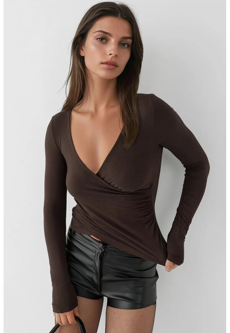 HiCCUP Bluza dama - top cu maneca lunga - decolteu in V - maro inchis - jerseu - Maro inchis