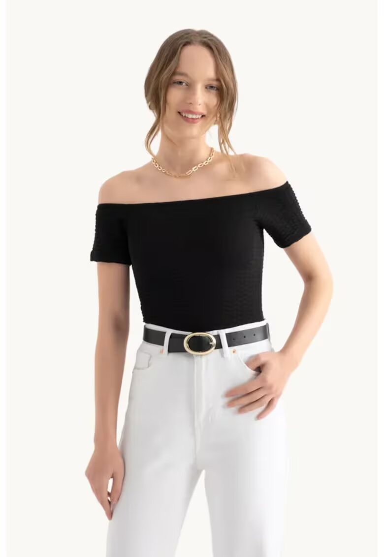 HiCCUP Bluza dama - top scurt - maneci scurte - umeri goi - negru - textil