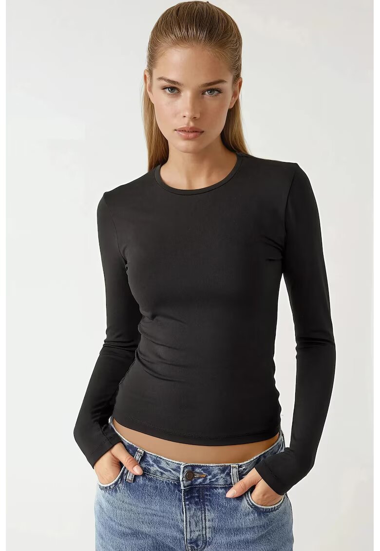 HiCCUP Bluze dama - bluza cu maneca lunga - guler rotund - negru - jerseu