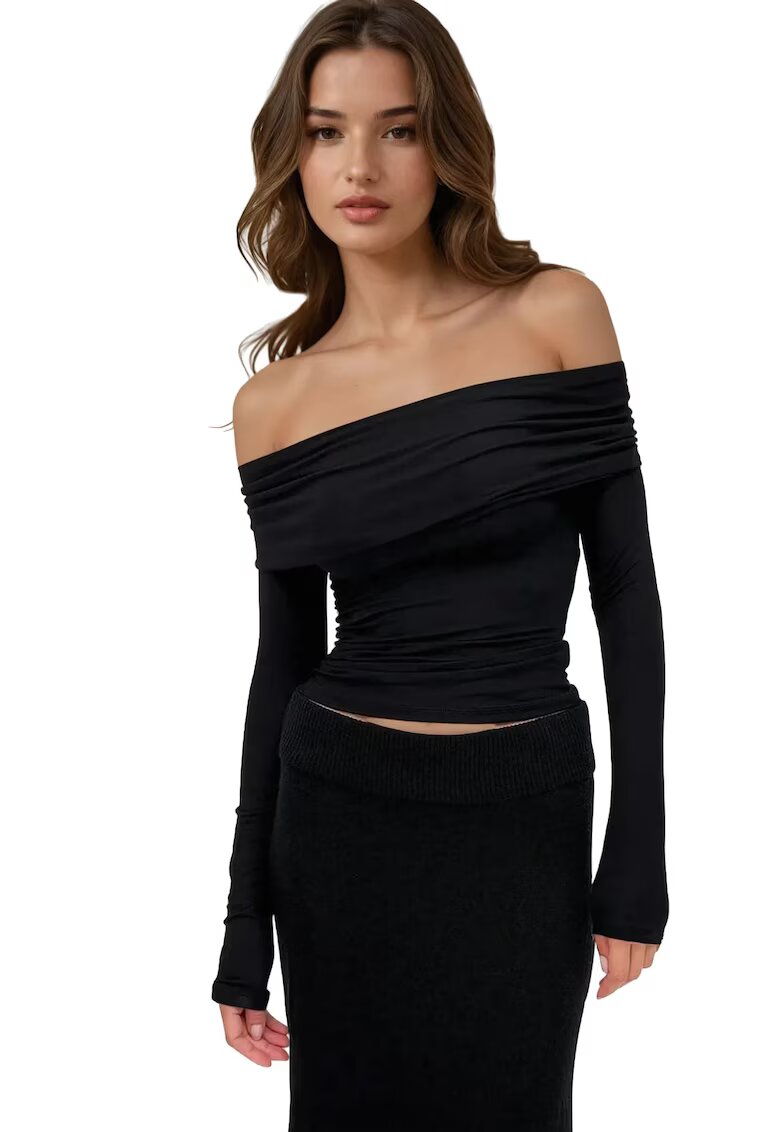 HiCCUP Bluze dama - bluza drapata cu umeri goi - negru - jerseu viscoza