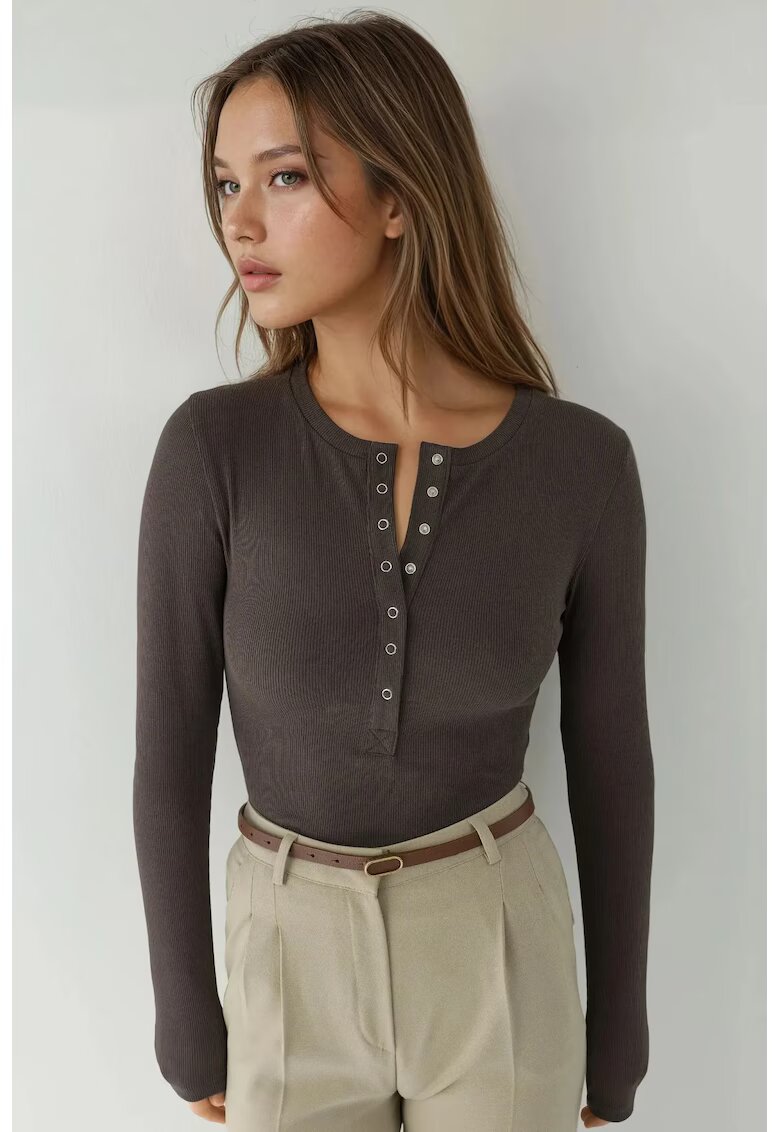 HiCCUP Bluze dama - bluza tricotata cu nasturi - maro mocha inchis - jerseu