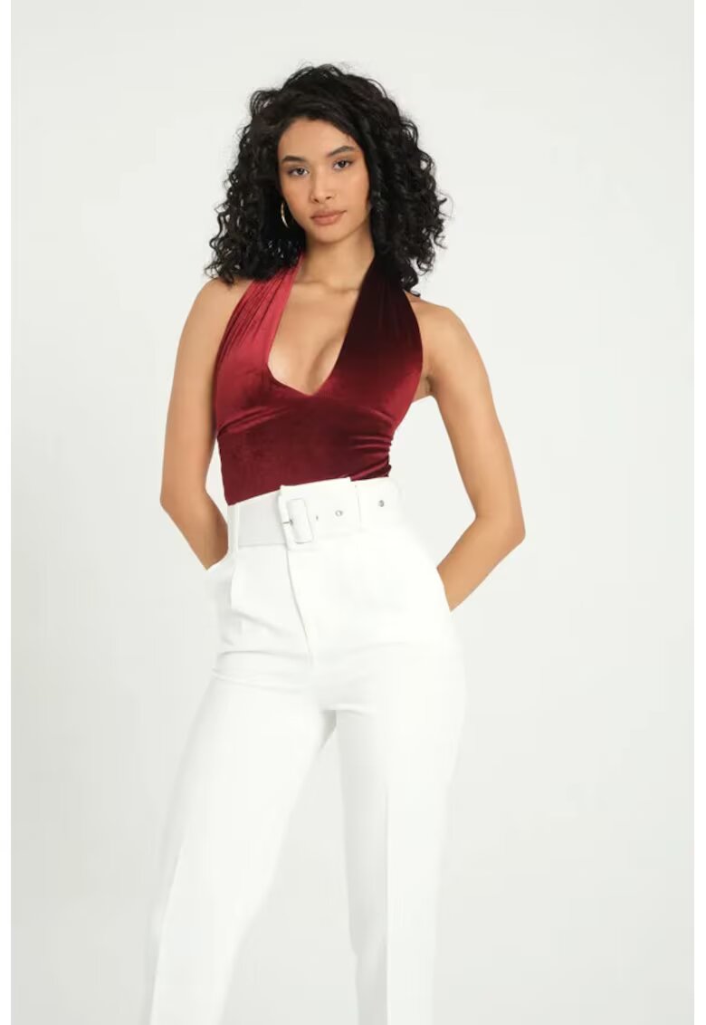 HiCCUP Body din catifea decolteu adanc - spate fara maneci - rosu - textil