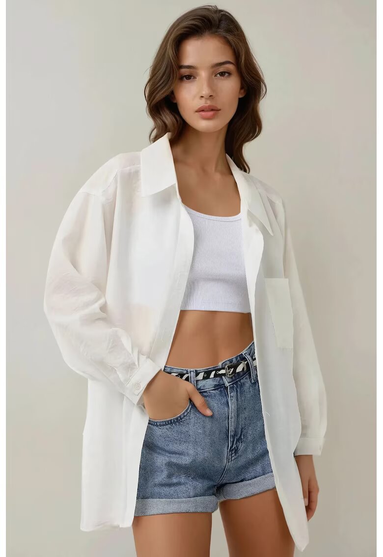 HiCCUP Camasa dama - viscoza/nylon - cu maneca lunga - guler clasic - alb