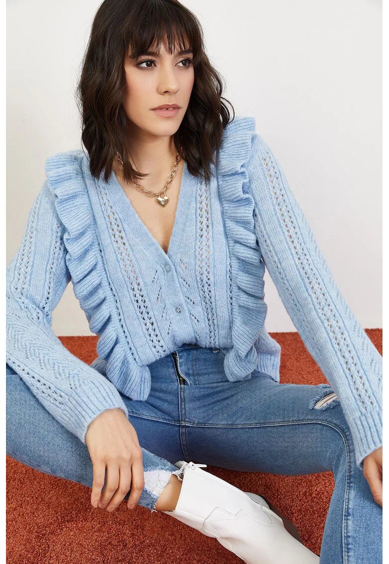 HiCCUP Cardigan dama - jacquard - maneca lunga - albastru - tricot -