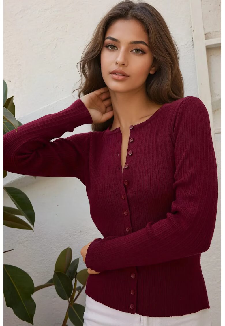 HiCCUP Cardigan dama - slim fit - guler rotund - visiniu - tricot