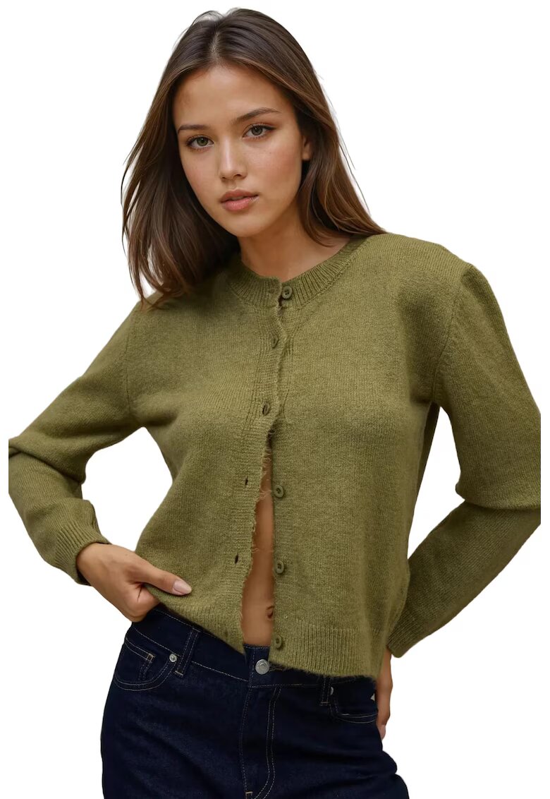 HiCCUP Cardigan dama - tricotat cu guler rotund - slim fit - verde - tricot