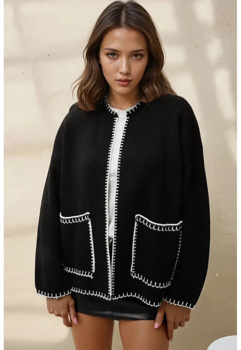 HiCCUP Cardigan lung tricotat detalii cusute - negru - tricot