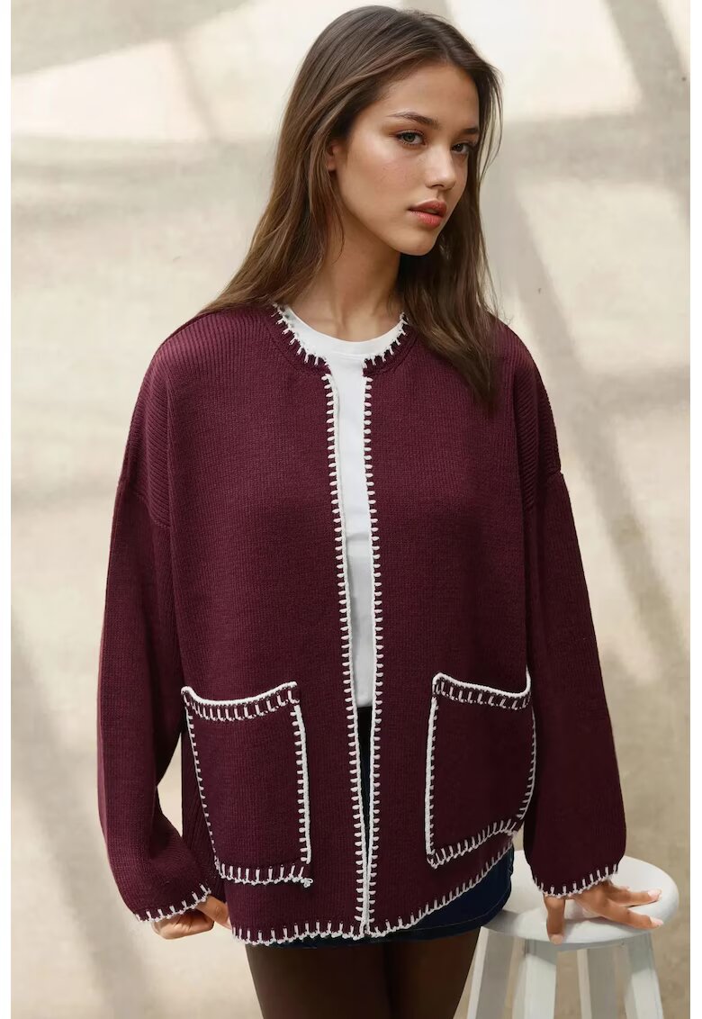 HiCCUP Cardigan lung tricotat - detalii cusute - visiniu - tricot