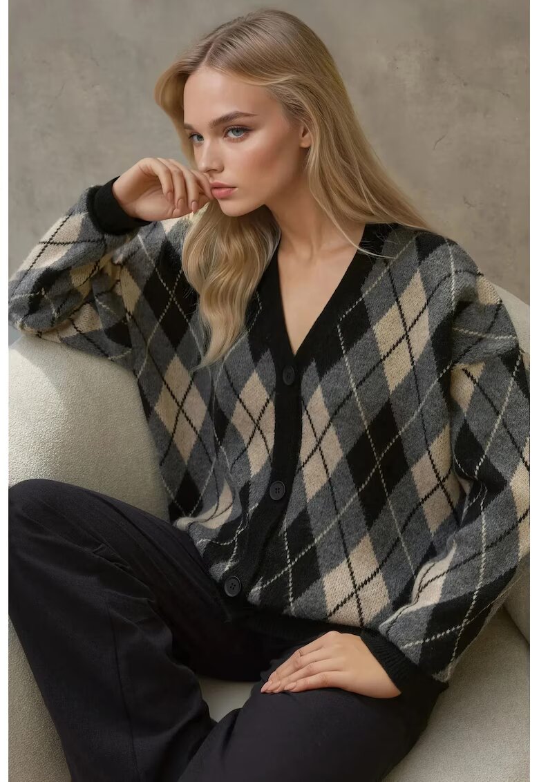 HiCCUP Cardigan lung tricotat - imprimeu geometric - decolteu in V - tricot - Negru -