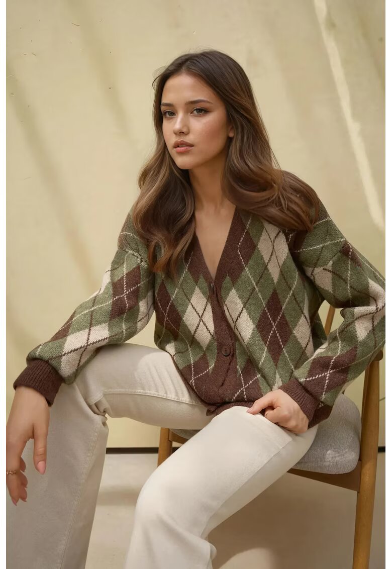 HiCCUP Cardigan lung tricotat model geometric cu decolteu in V si nasturi - tricot - Verde kaki -