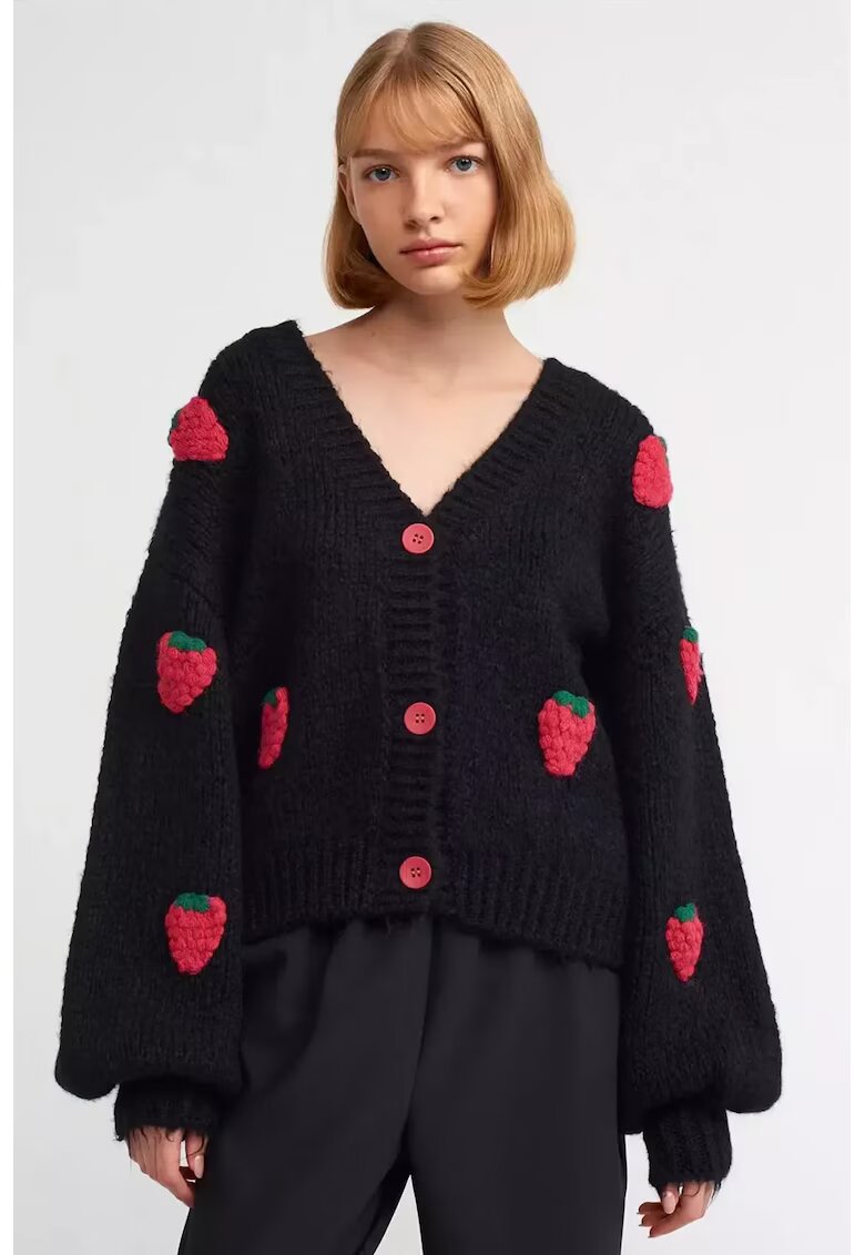 HiCCUP Cardigan supradimensionat - tricotat cu capsuni - negru - acril