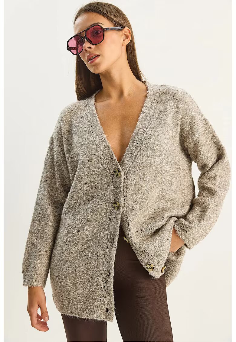 HiCCUP Cardigan texturat - decolteu in V - nasturi - bej natural - tricot -