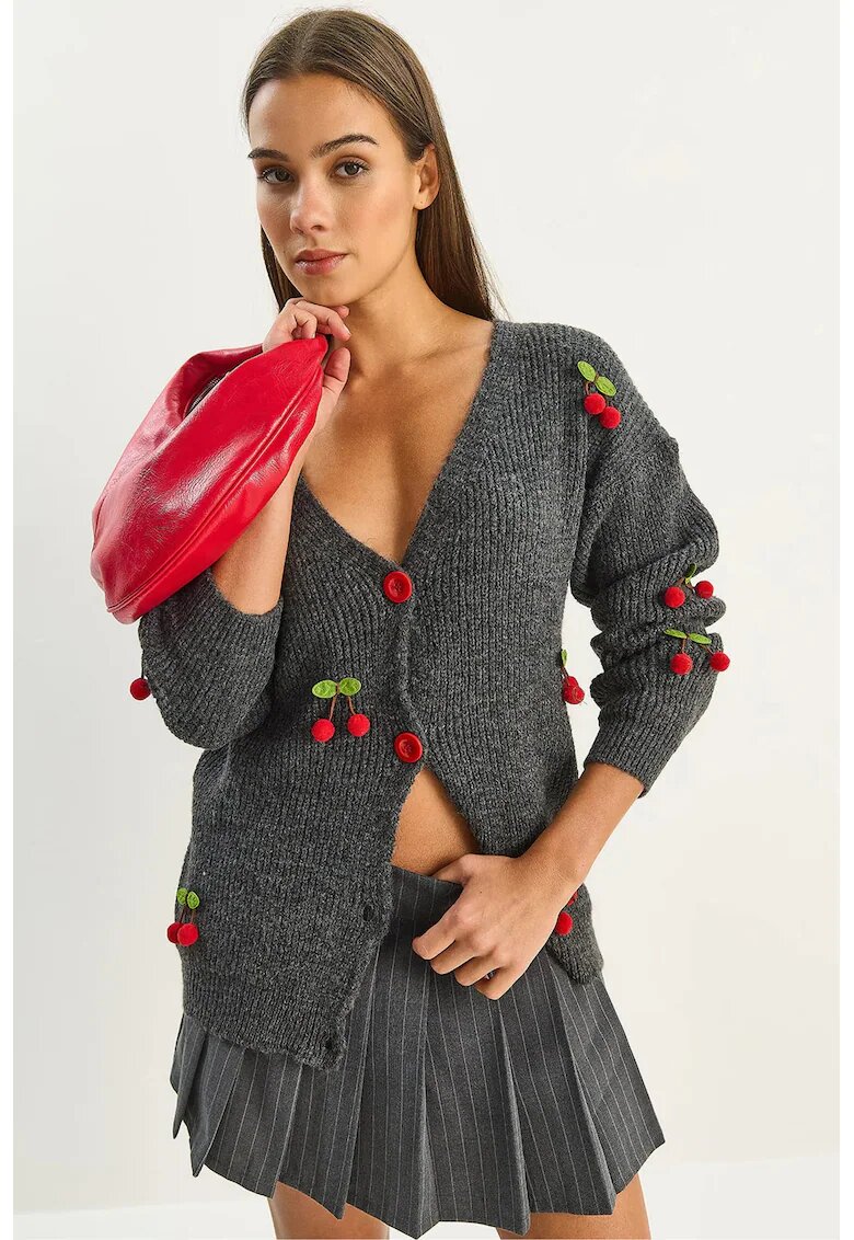 HiCCUP Cardigan tricotat - broderie fructe - gri carbune - tricot -