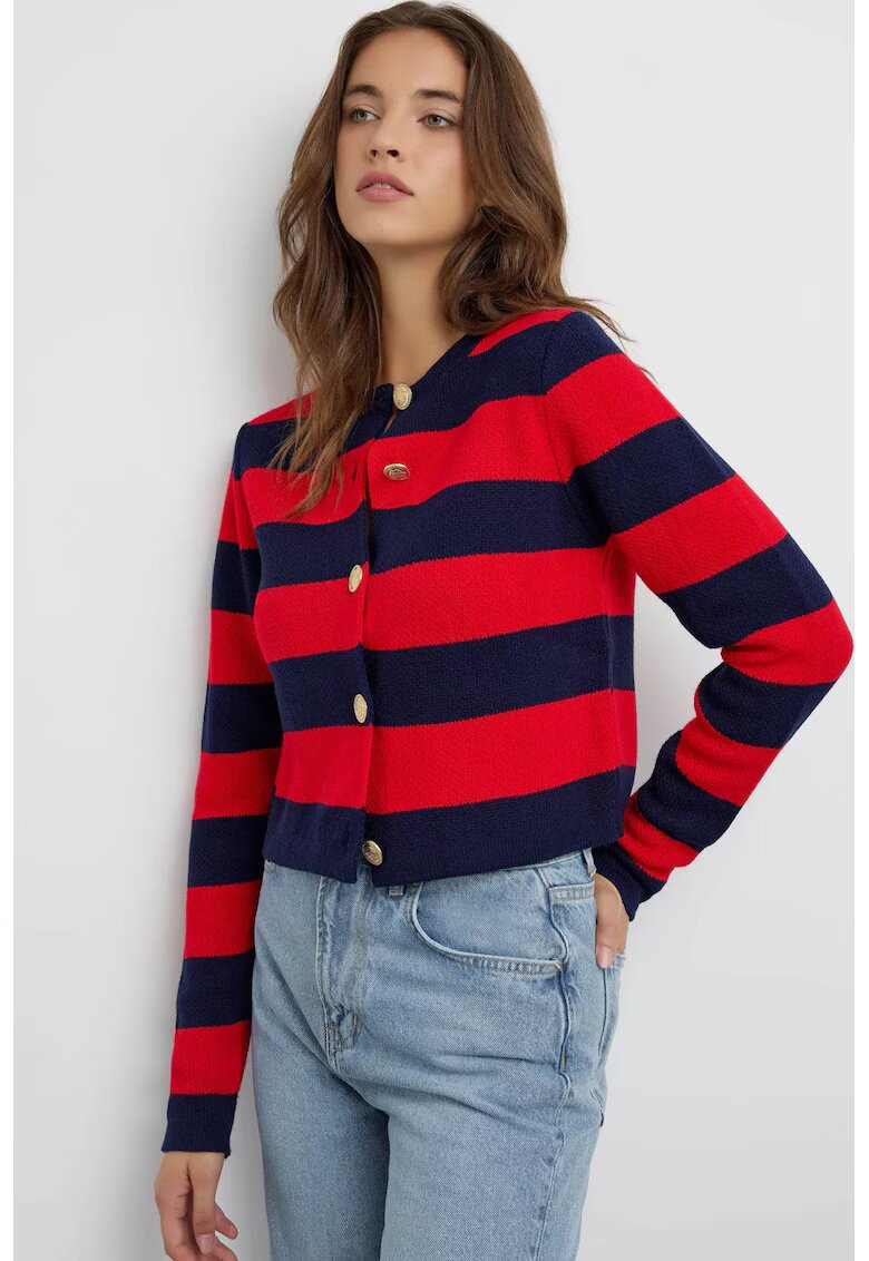 HiCCUP Cardigan tricotat cu dungi si nasturi - rosu - acril
