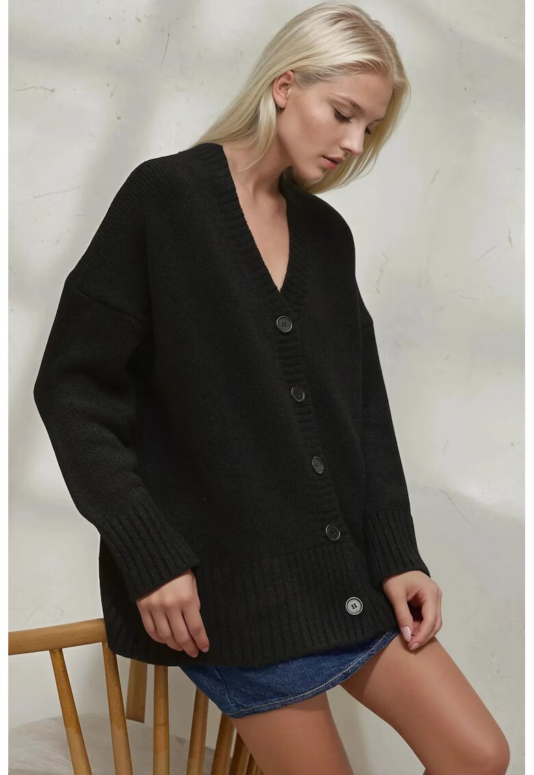 HiCCUP Cardigan tricotat din material gros - decolteu in V - tricot - Negru -