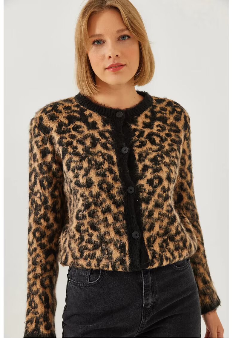 HiCCUP Cardigan tricotat gros cu nervuri si imprimeu leopard - multicolor - tricot -