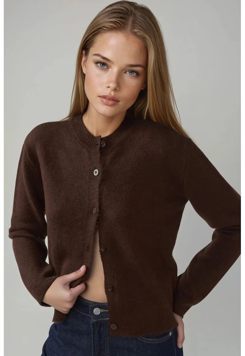 HiCCUP Cardigan tricotat - guler rotund - moale - maro castaniu