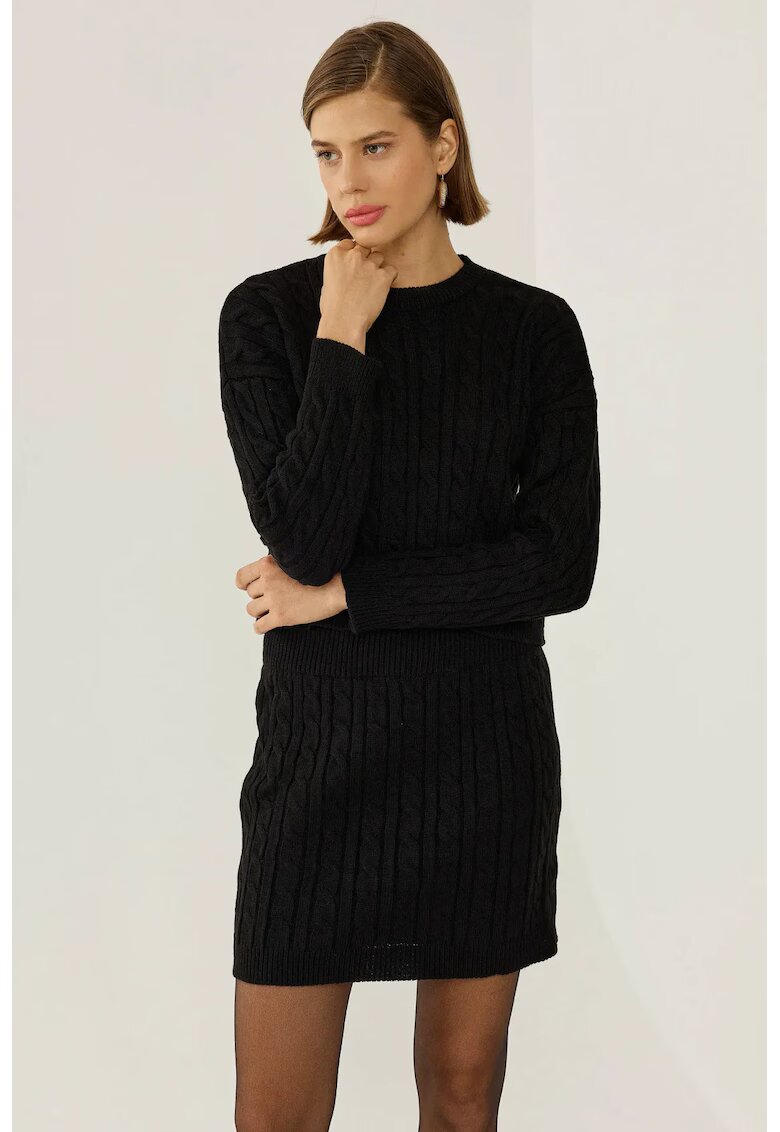 HiCCUP Compleu dama pulover tricotat si fusta mini cu talie inalta - negru