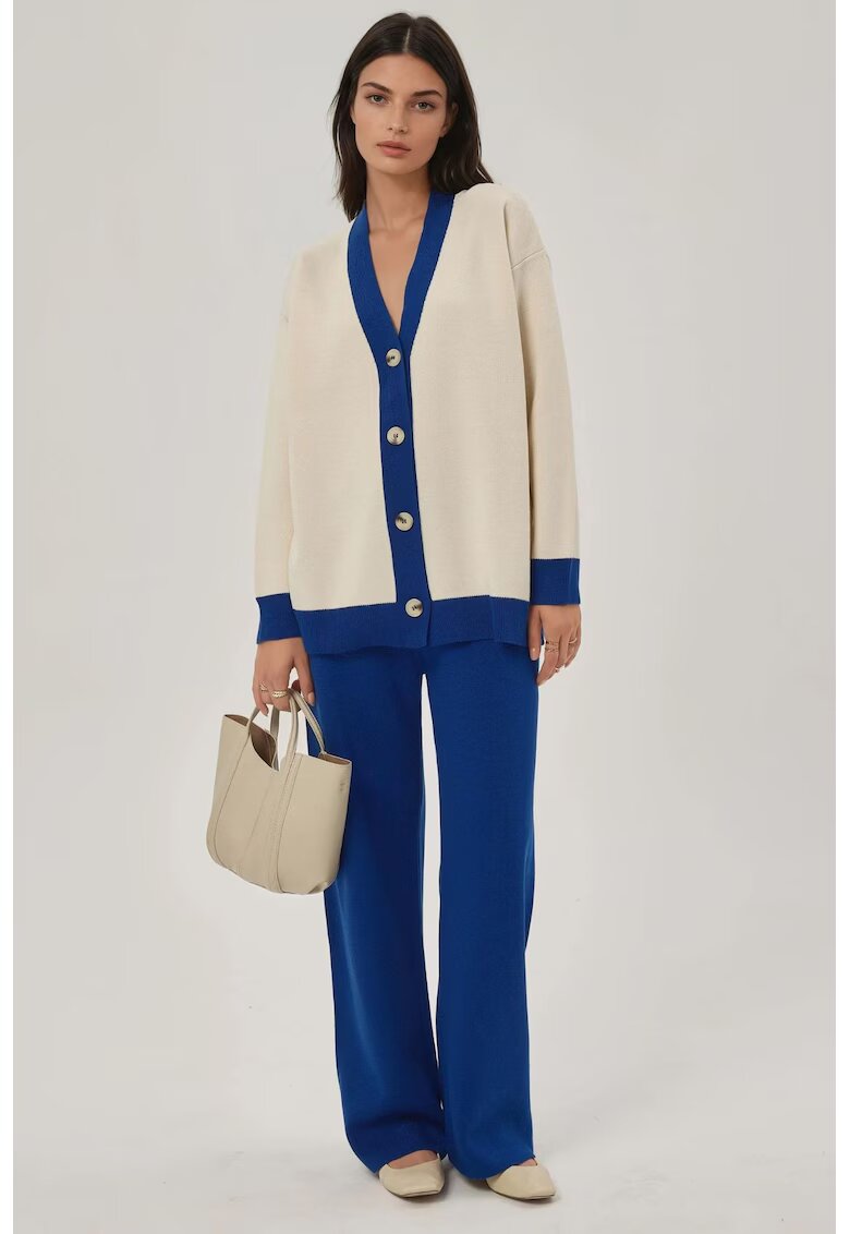 HiCCUP Compleu dama tricotat - cardigan cu nasturi si pantaloni texturati - acril - bleumarin/bej