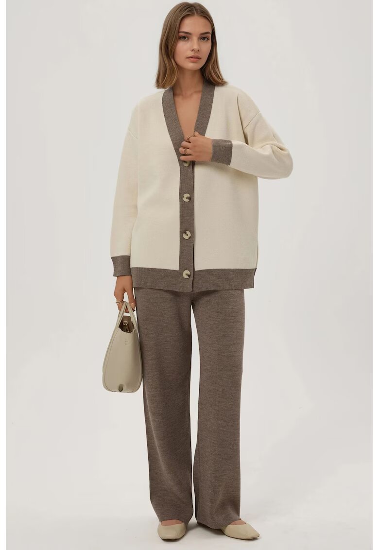HiCCUP Compleu dama tricotat - cardigan cu nasturi si pantaloni texturati - acril - maro/crem