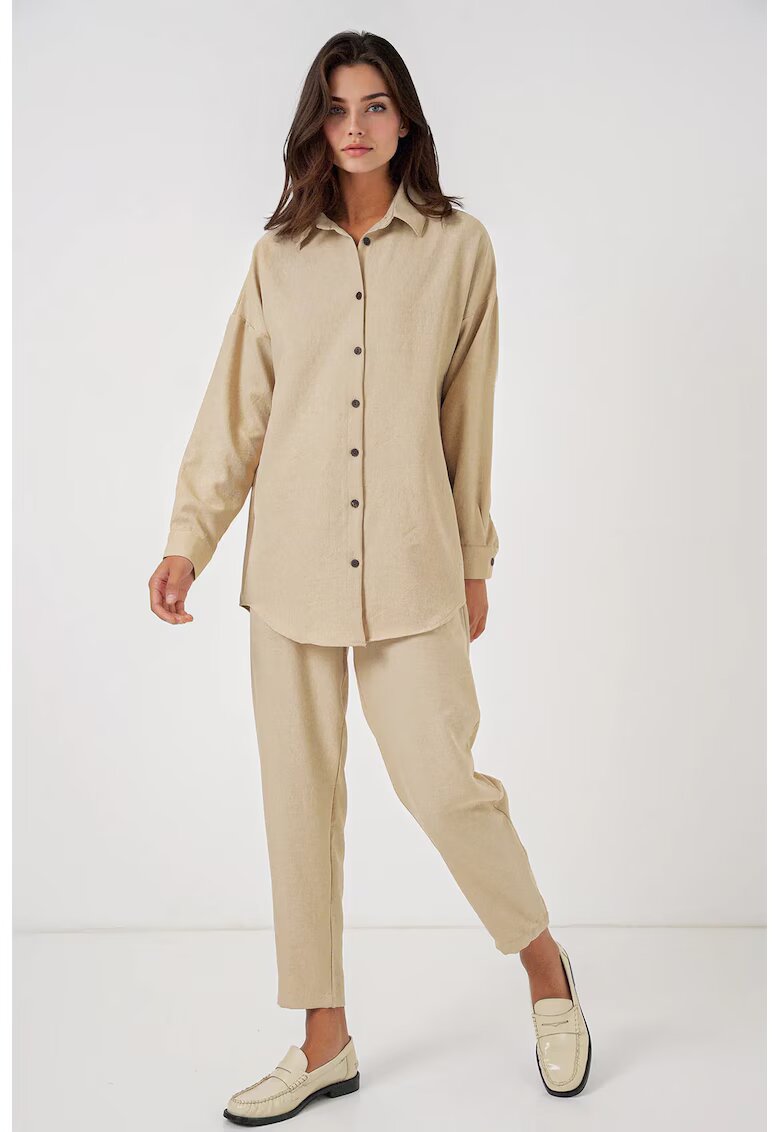 HiCCUP Compleuj dama - camasa cu maneca lunga si pantaloni - bej - viscoza si in