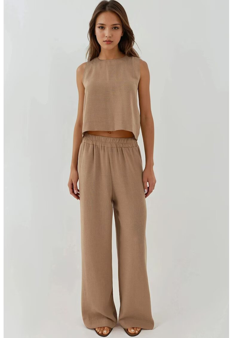 HiCCUP Costum dama - set coordonat - bluza cu guler rotund si pantaloni largi - bej - poliester